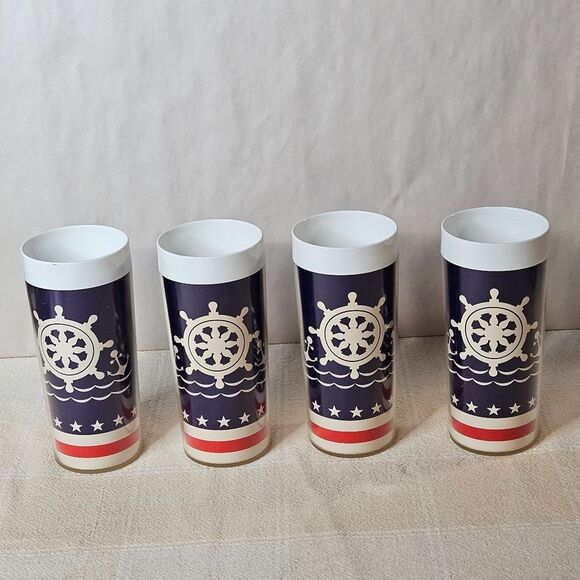 Vintage 70's Thermo-Serv Nautical Red White Blue Plastic Tall Tumblers Set of 4 - Picture 1 of 6